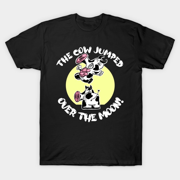 Cow Jumped Over the Moon Cartoon Cows T-Shirt by Kev Brett Designs